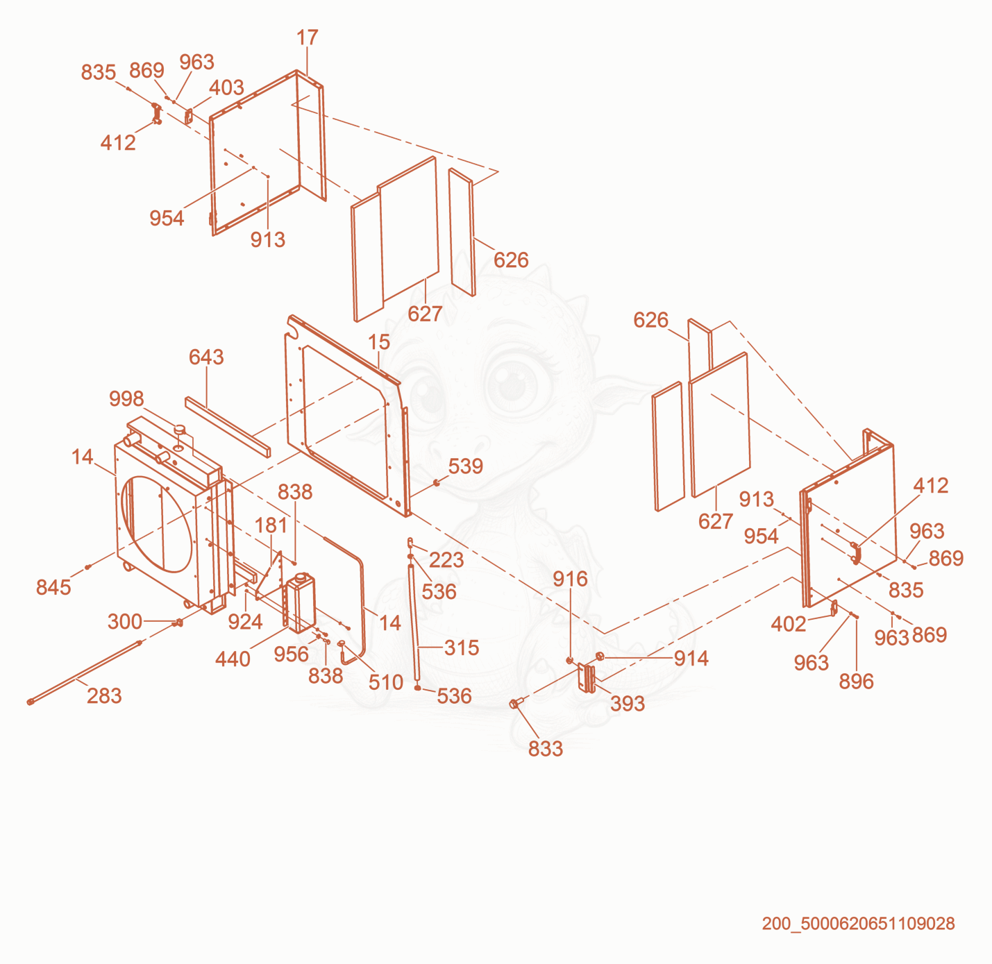 Exploded parts diagram of the Front Enclosure/Radiator of a Wacker Neuson G100, with numbered balloons
