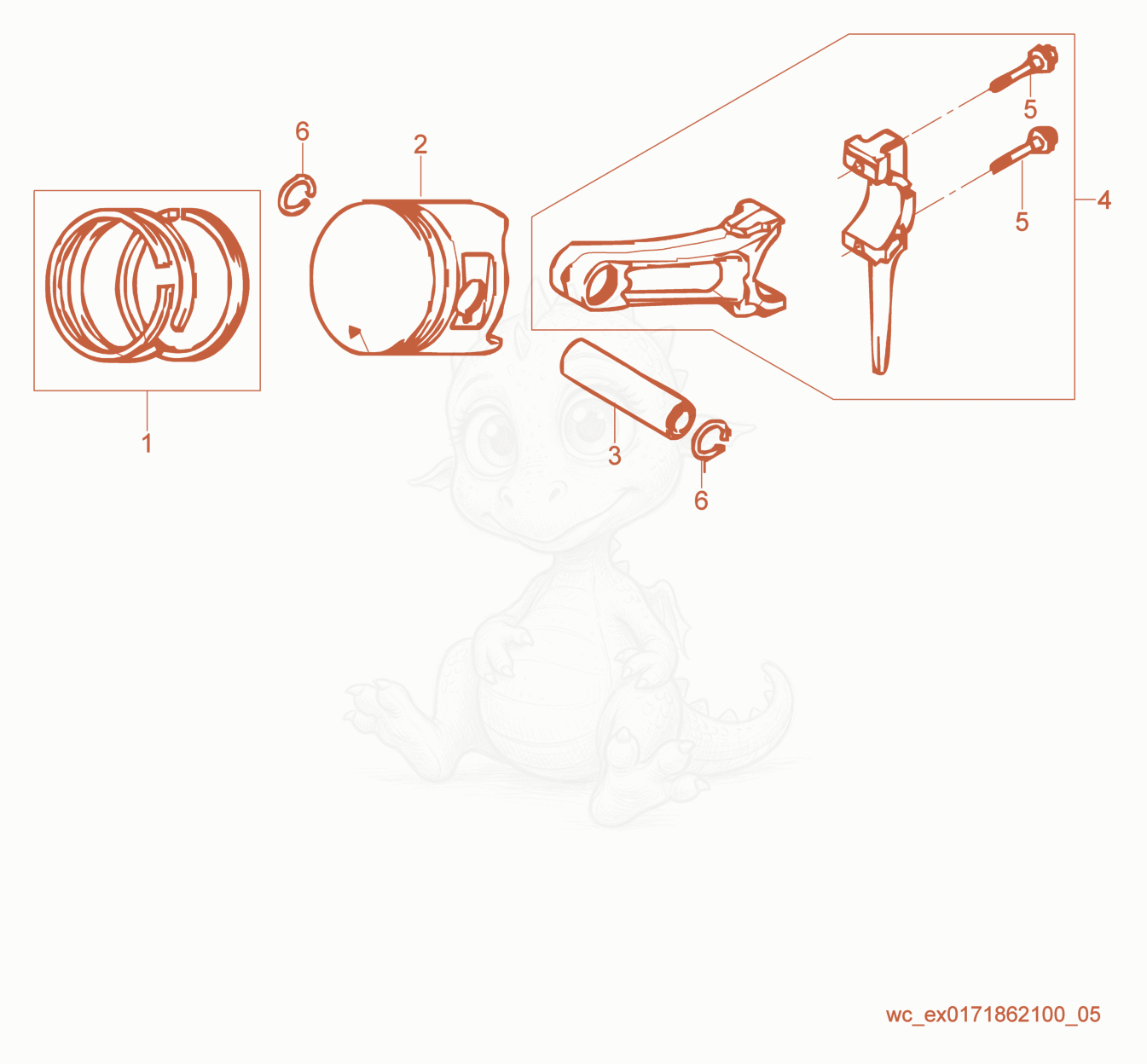Exploded parts diagram of the Piston cpl. of a Wacker Neuson GPS6600A, with numbered balloons