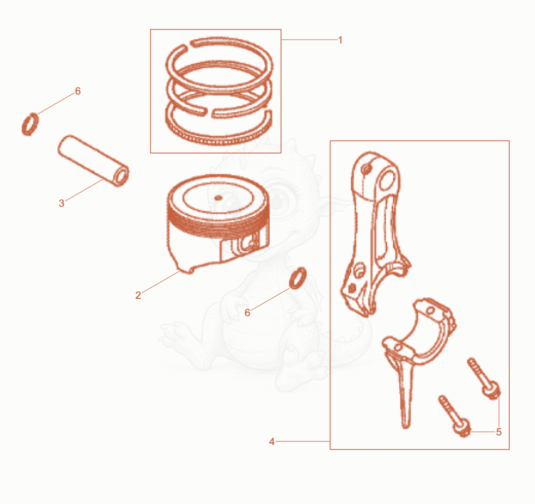 Exploded parts diagram of the Piston-Connecting rod of a Wacker Neuson BS68-4AB/28, with numbered balloons