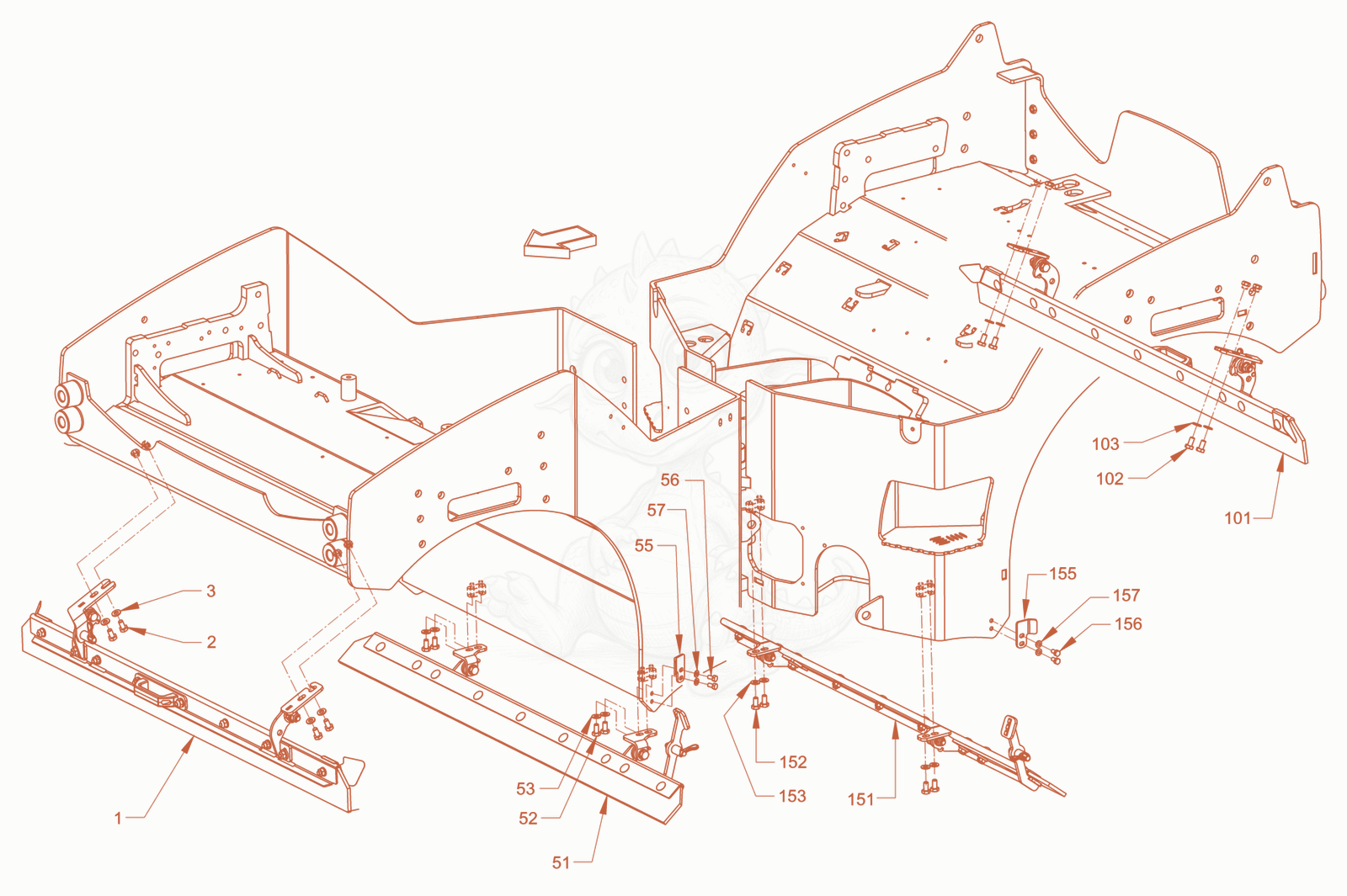 Exploded parts diagram of the foldable scraper of a Wacker Neuson RD40-130CDPF, with numbered balloons