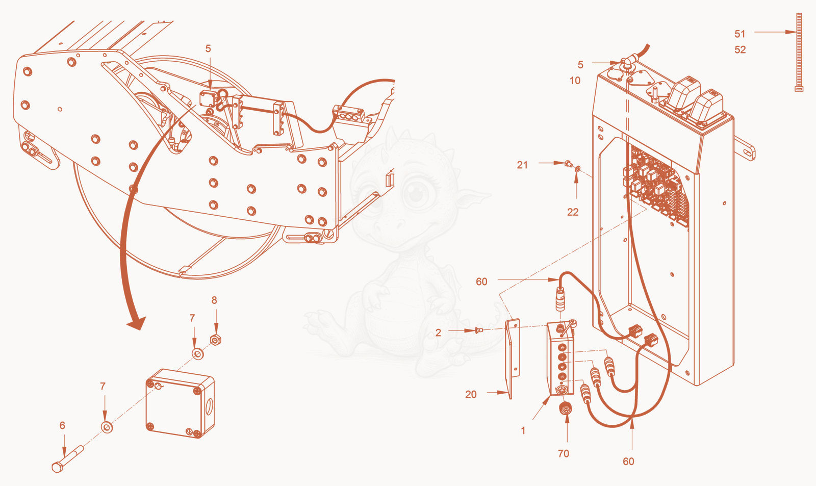 Exploded parts diagram of the compactometer of a Wacker Neuson RC70VOUS, with numbered balloons