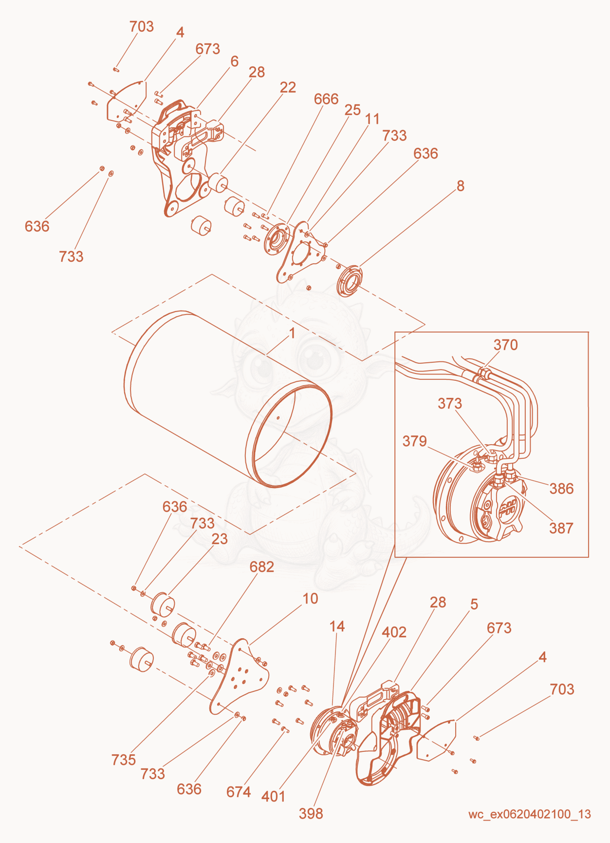 Despiece del Front Drum de una máquina Wacker Neuson RD16-100, con globos numerados