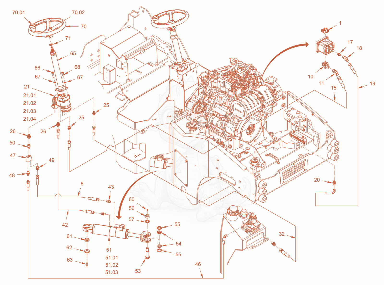 Exploded parts diagram of the steering of a Wacker Neuson RD28-120DPF, with numbered balloons
