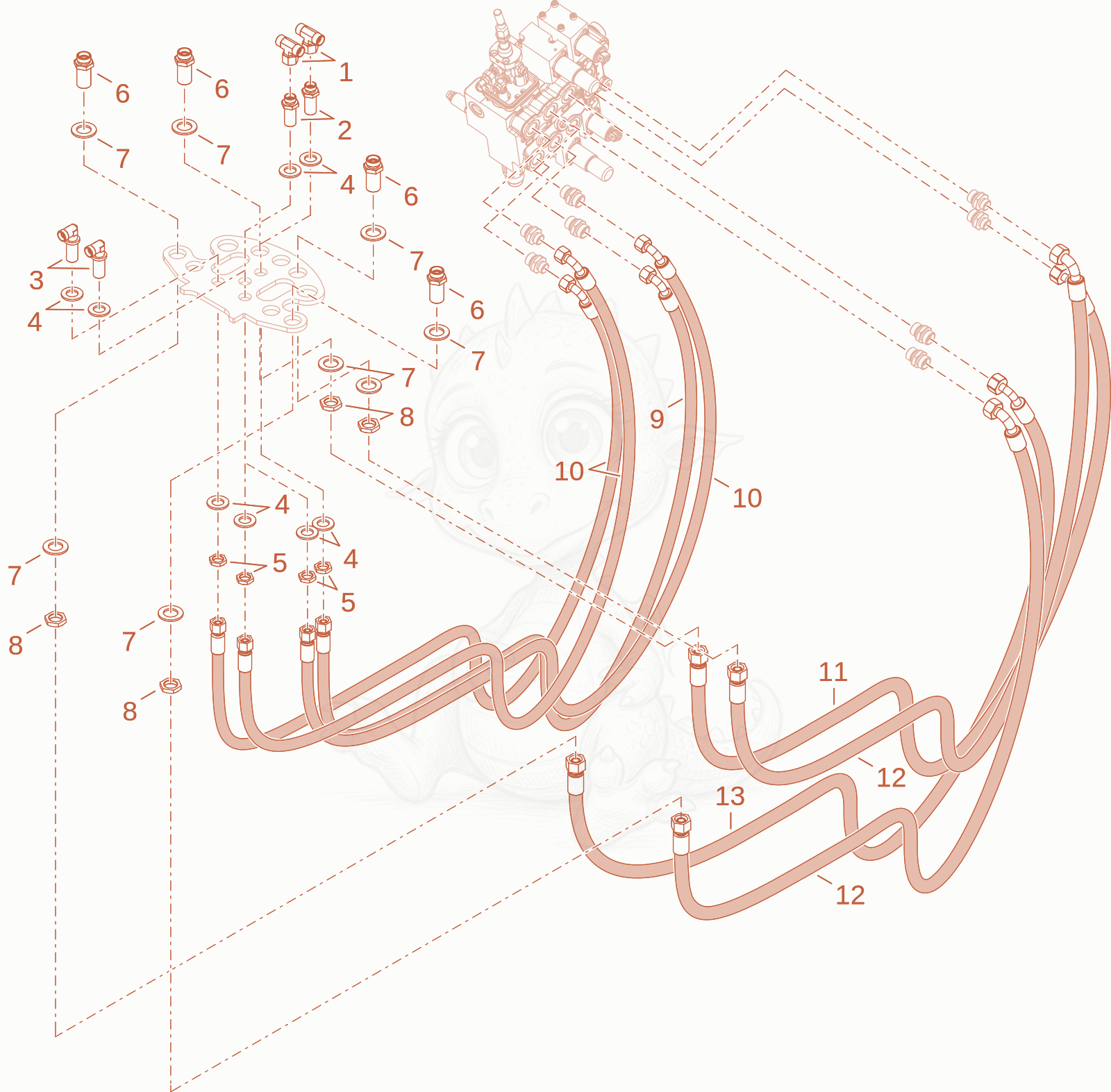 Exploded parts diagram of the working hydraulic of a Wacker Neuson WL34, with numbered balloons