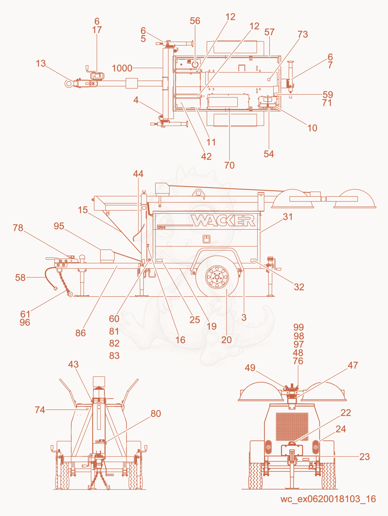 Exploded parts diagram of the Trailer cpl. of a Wacker Neuson LTC4C-P, with numbered balloons