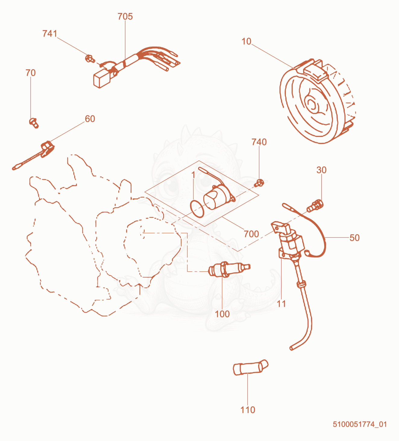 Exploded parts diagram of the Flywheel/Ignition Coil of a Wacker Neuson CT36-6, with numbered balloons