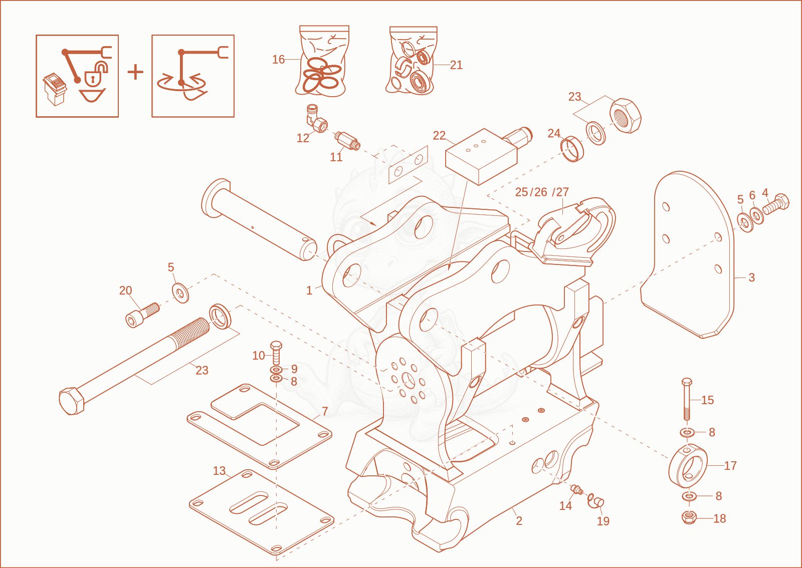 Exploded parts diagram of the Easy Lock Powertilt load hook (Option) of a Wacker Neuson EZ17E, with numbered balloons