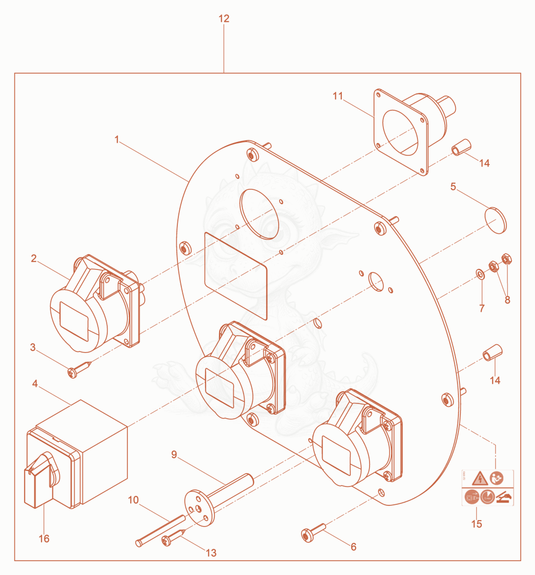 Exploded parts diagram of the Front panel of a Wacker Neuson FUE6/042/200, with numbered balloons