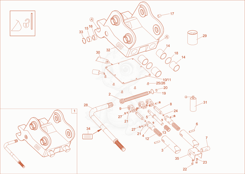 Exploded parts diagram of the QUICK-HITCH COUPLER of a Wacker Neuson 8003, with numbered balloons