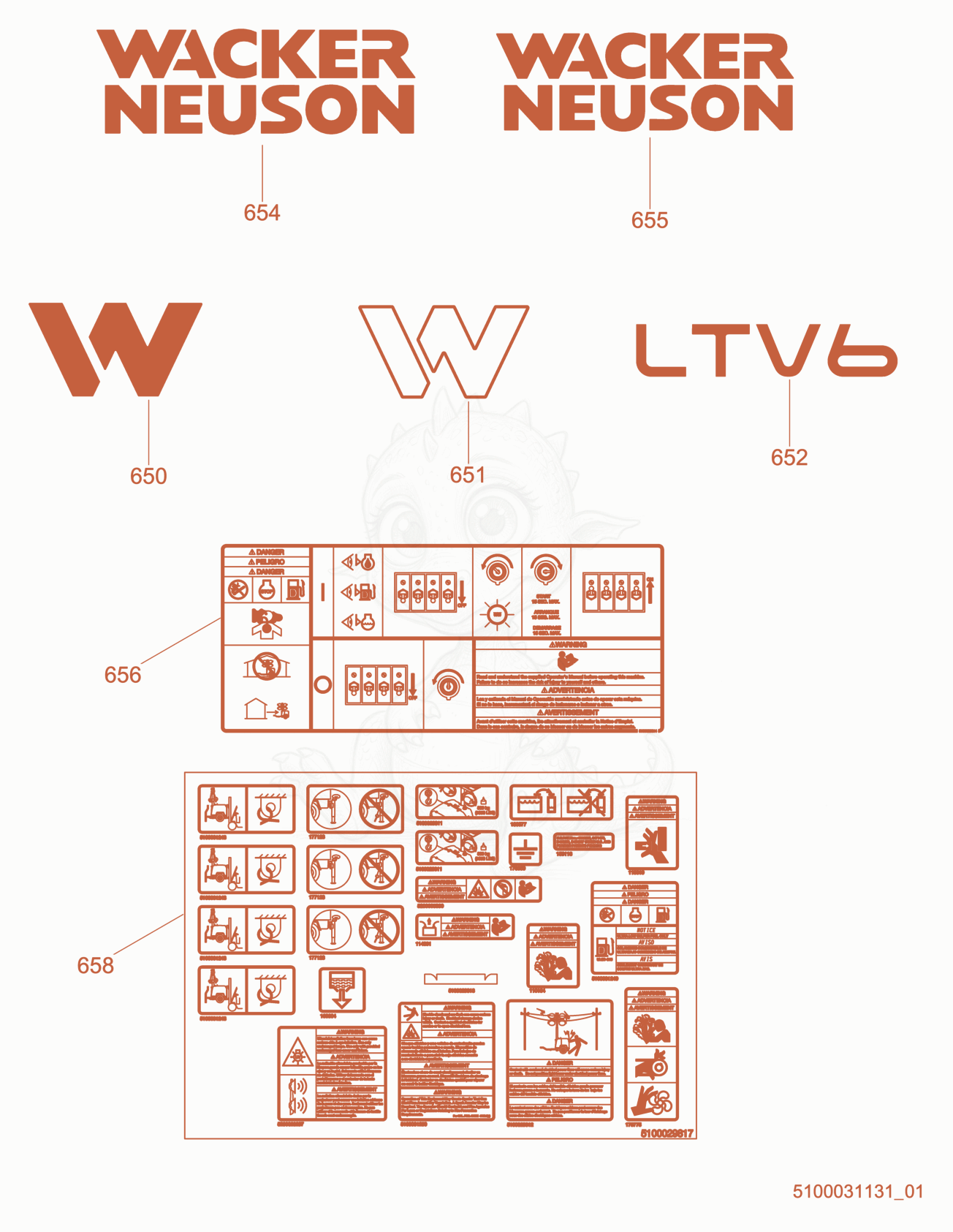 Exploded parts diagram of the Labels of a Wacker Neuson LTV6K, with numbered balloons