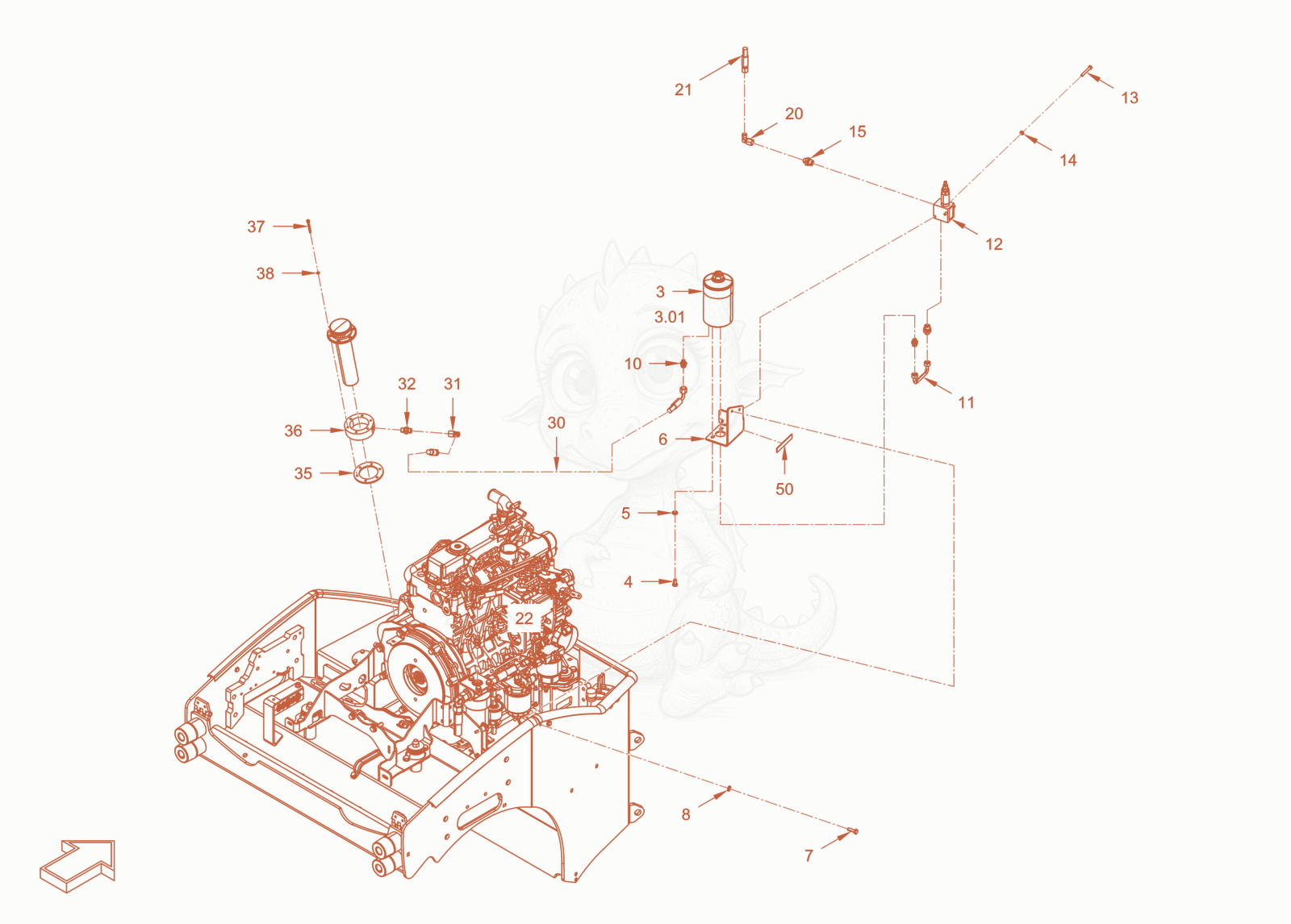 Exploded parts diagram of the bypass oil filter of a Wacker Neuson RD45-140.3, with numbered balloons