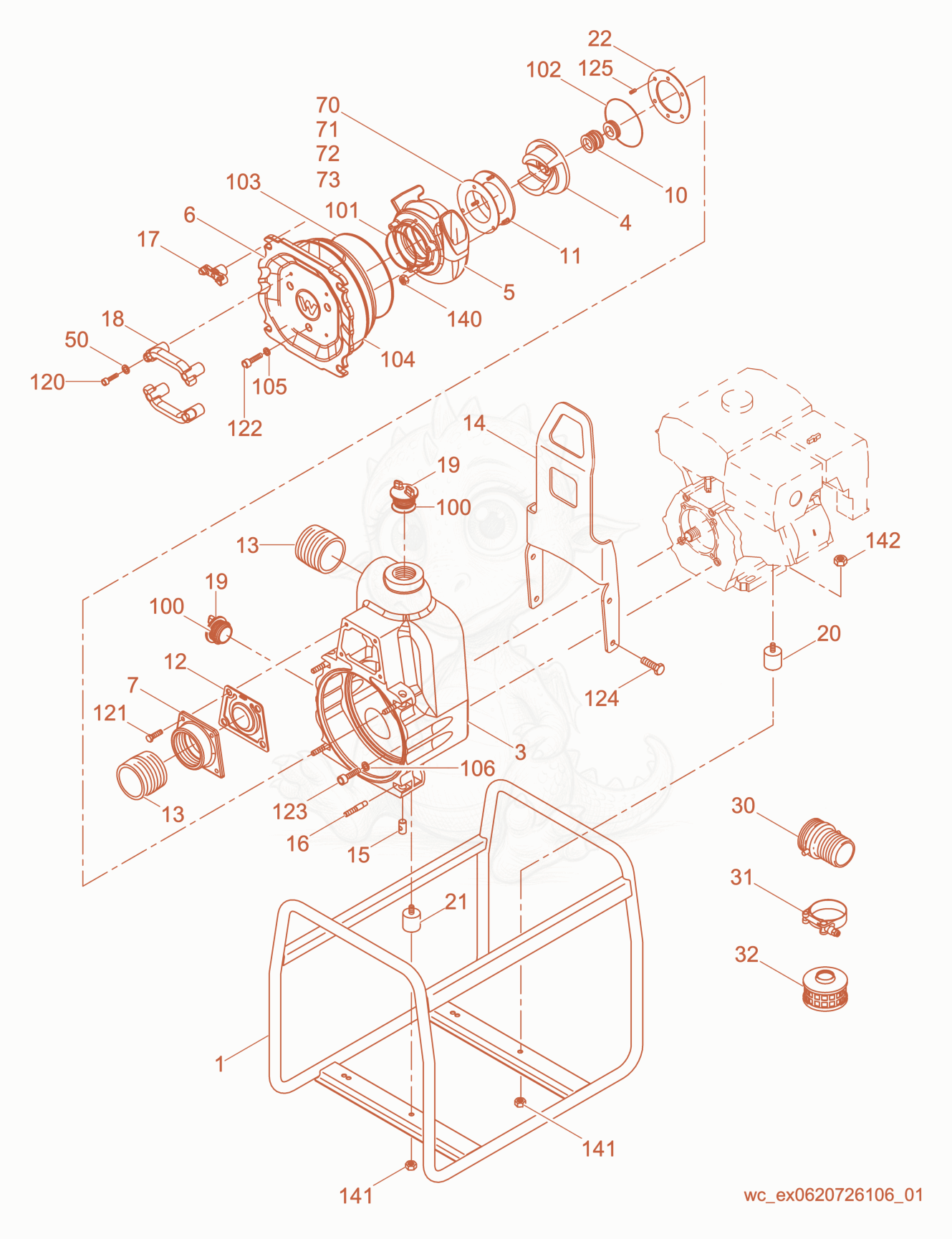 Exploded parts diagram of the Pump cpl. of a Wacker Neuson PT2H, with numbered balloons