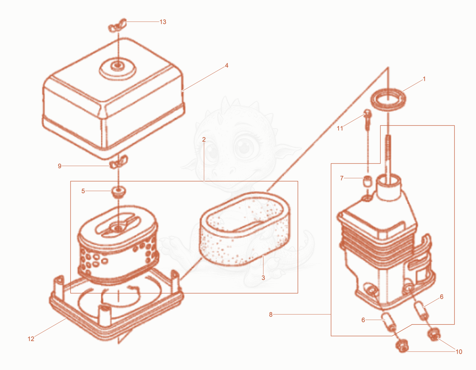 Exploded parts diagram of the Air filter of a Wacker Neuson BPS1340AWS, with numbered balloons