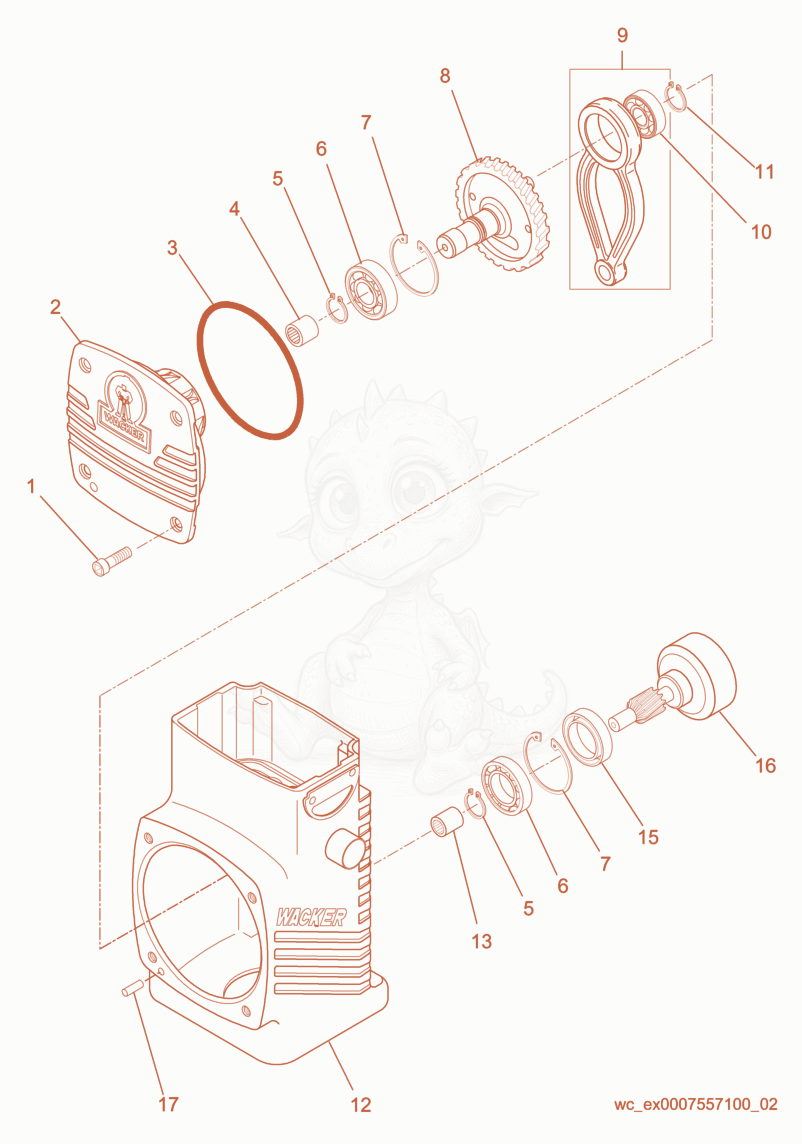 Exploded parts diagram of the Crankcase cpl. of a Wacker Neuson BS500, with numbered balloons