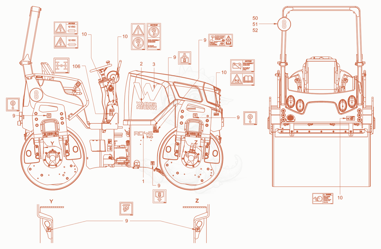 Exploded parts diagram of the sticker arrangement of a Wacker Neuson RD40-130ODPF, with numbered balloons