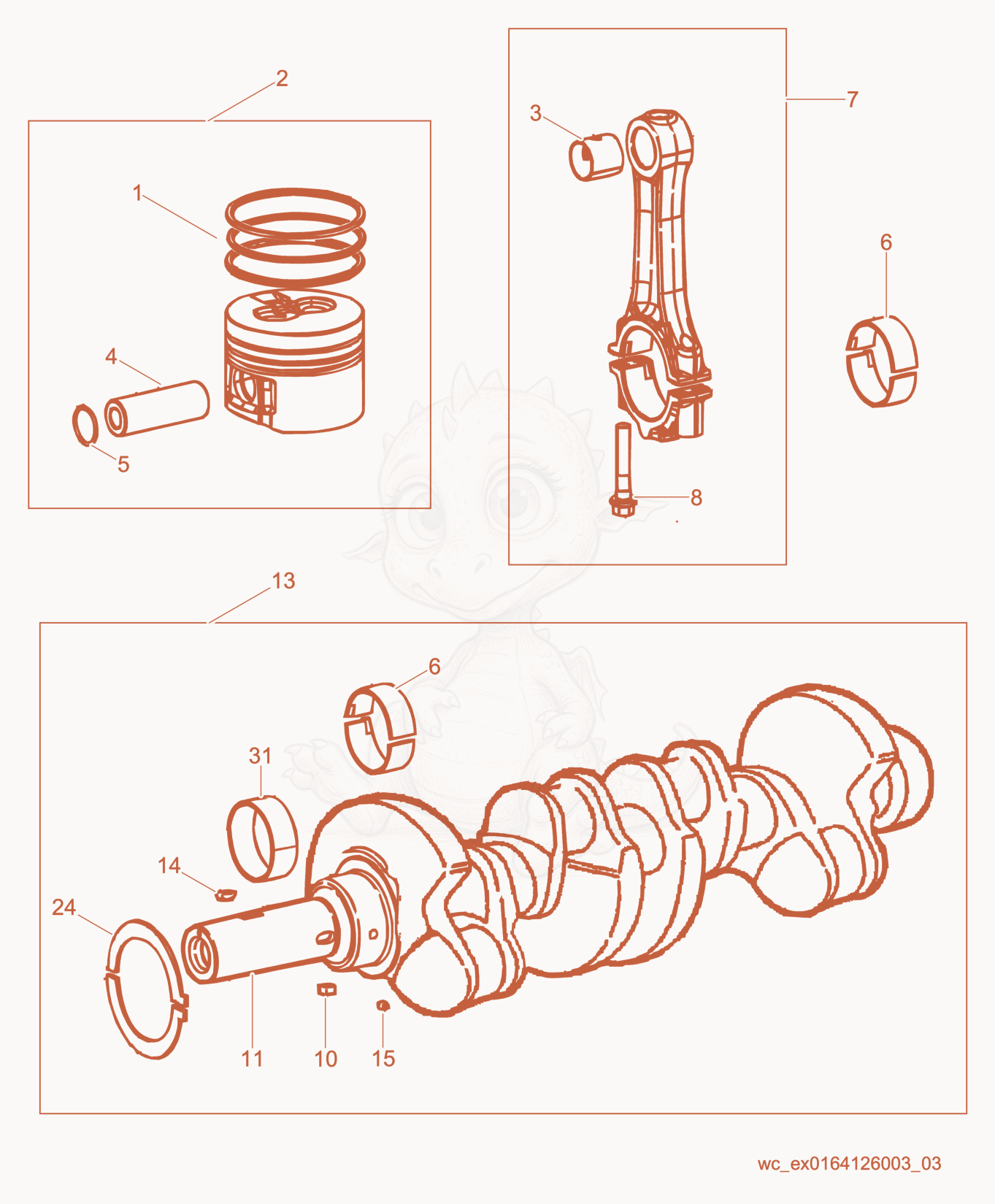 Exploded parts diagram of the Piston/Crankshaft of a Wacker Neuson CRT48-35L-PSEU, with numbered balloons