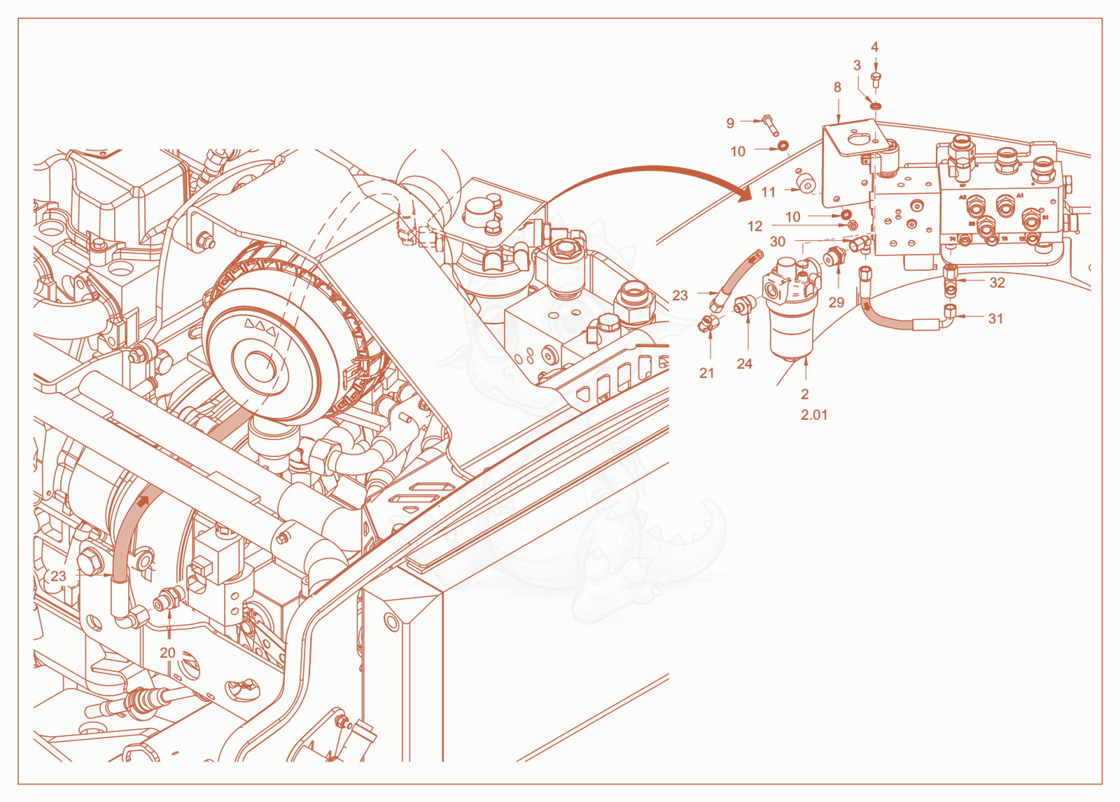 Exploded parts diagram of the bypass oil filter of a Wacker Neuson RD24-100OUS, with numbered balloons