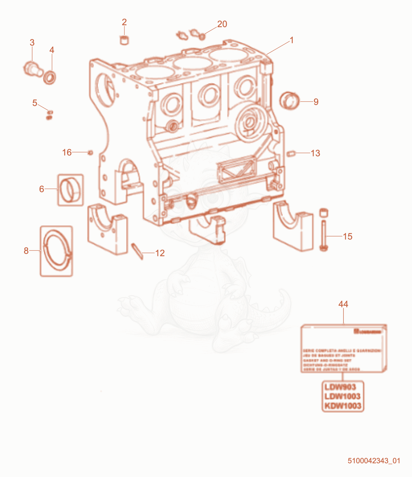 Exploded parts diagram of the Crankcase of a Wacker Neuson RTX-SC2EU, with numbered balloons