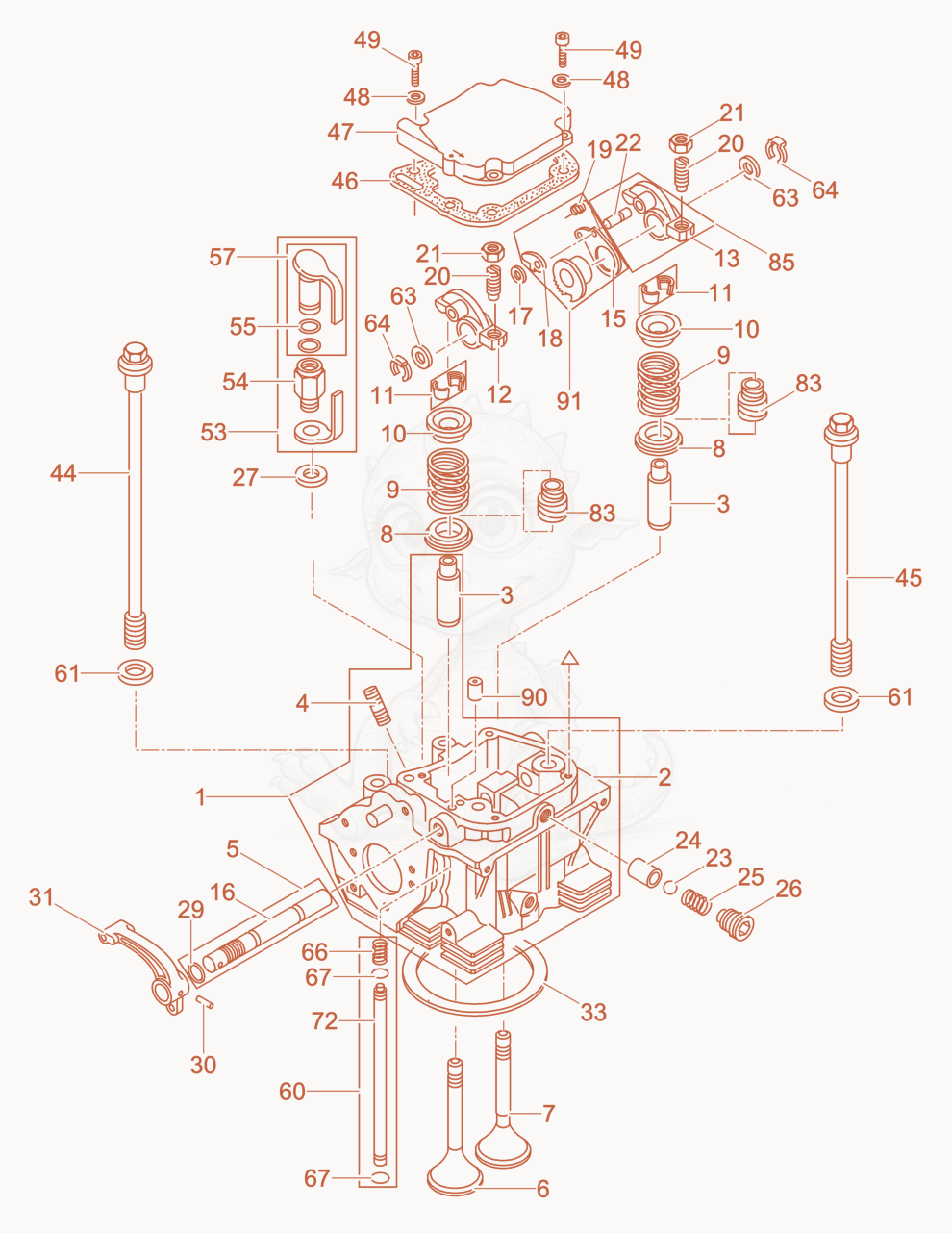 Despiece del Cylinder head de una máquina Wacker Neuson DPU4545H, con globos numerados