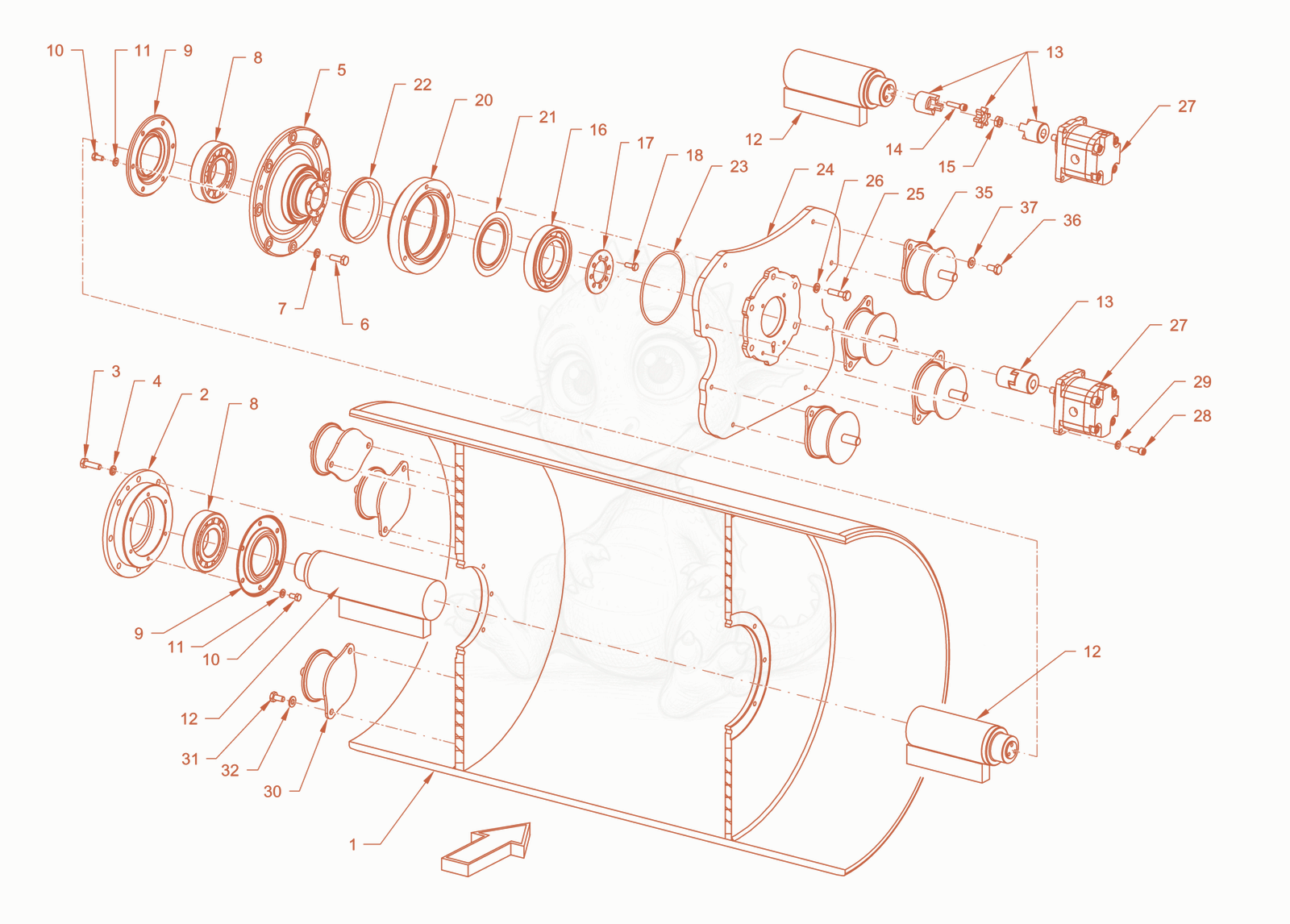 Exploded parts diagram of the smooth roller drum with vibrator of a Wacker Neuson RD24-100C, with numbered balloons