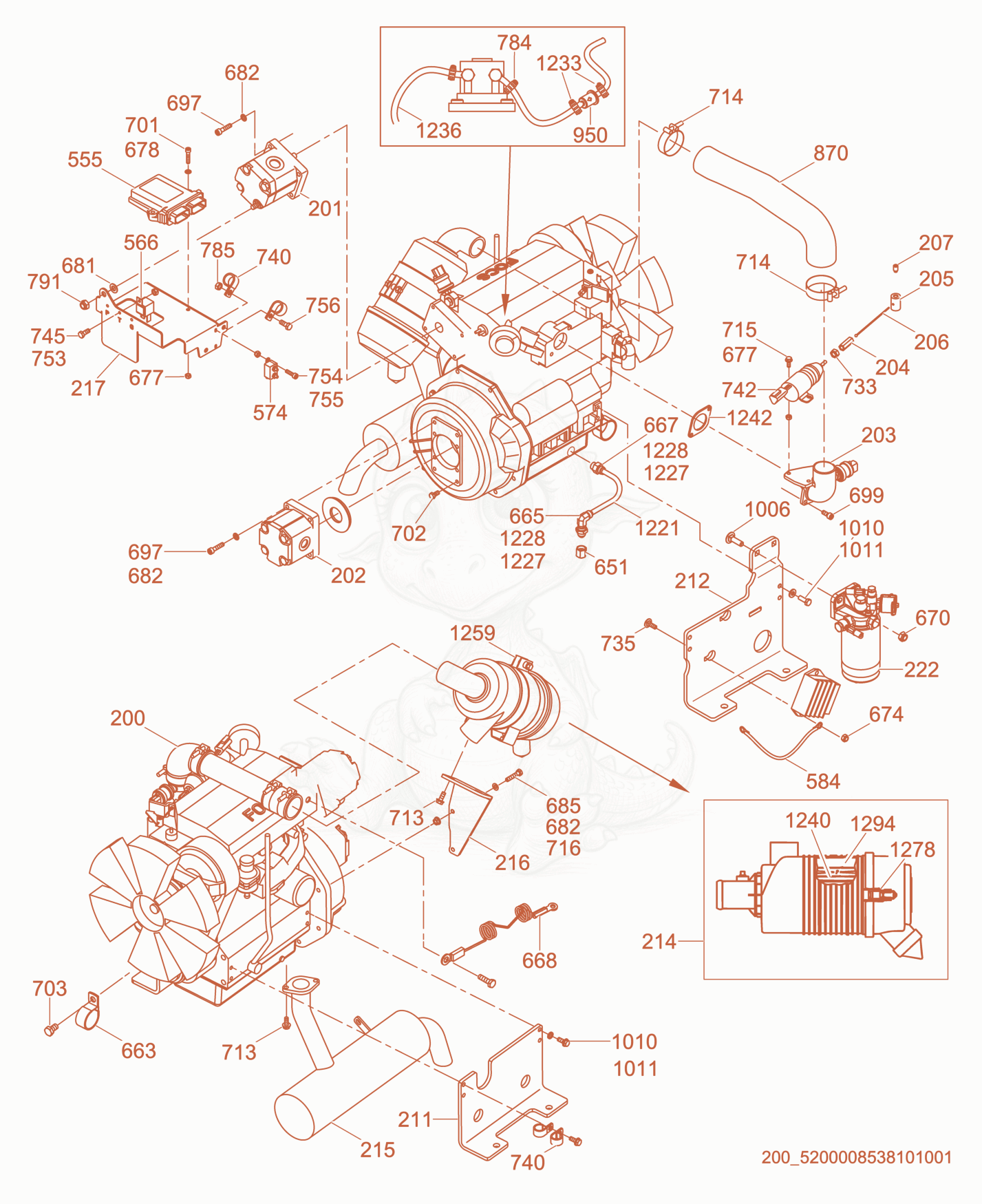 Exploded parts diagram of the Engine Compartment of a Wacker Neuson RTLX-SC3, with numbered balloons