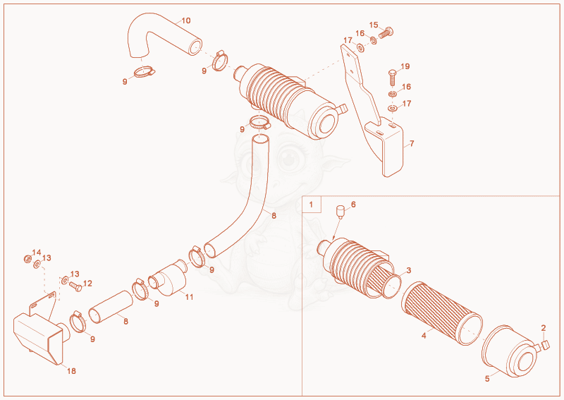 Exploded parts diagram of the air cleaner of a Wacker Neuson 2001, with numbered balloons