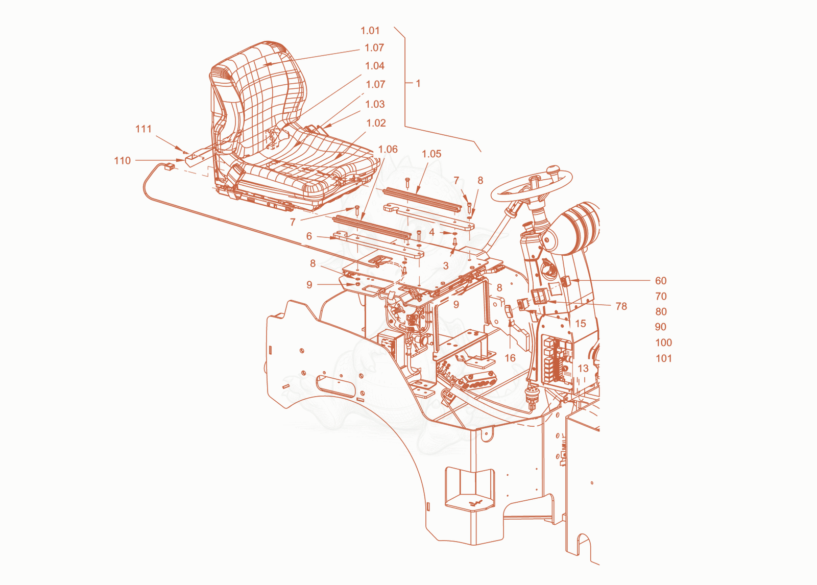 Exploded parts diagram of the driver's seat of a Wacker Neuson RD24-100C, with numbered balloons