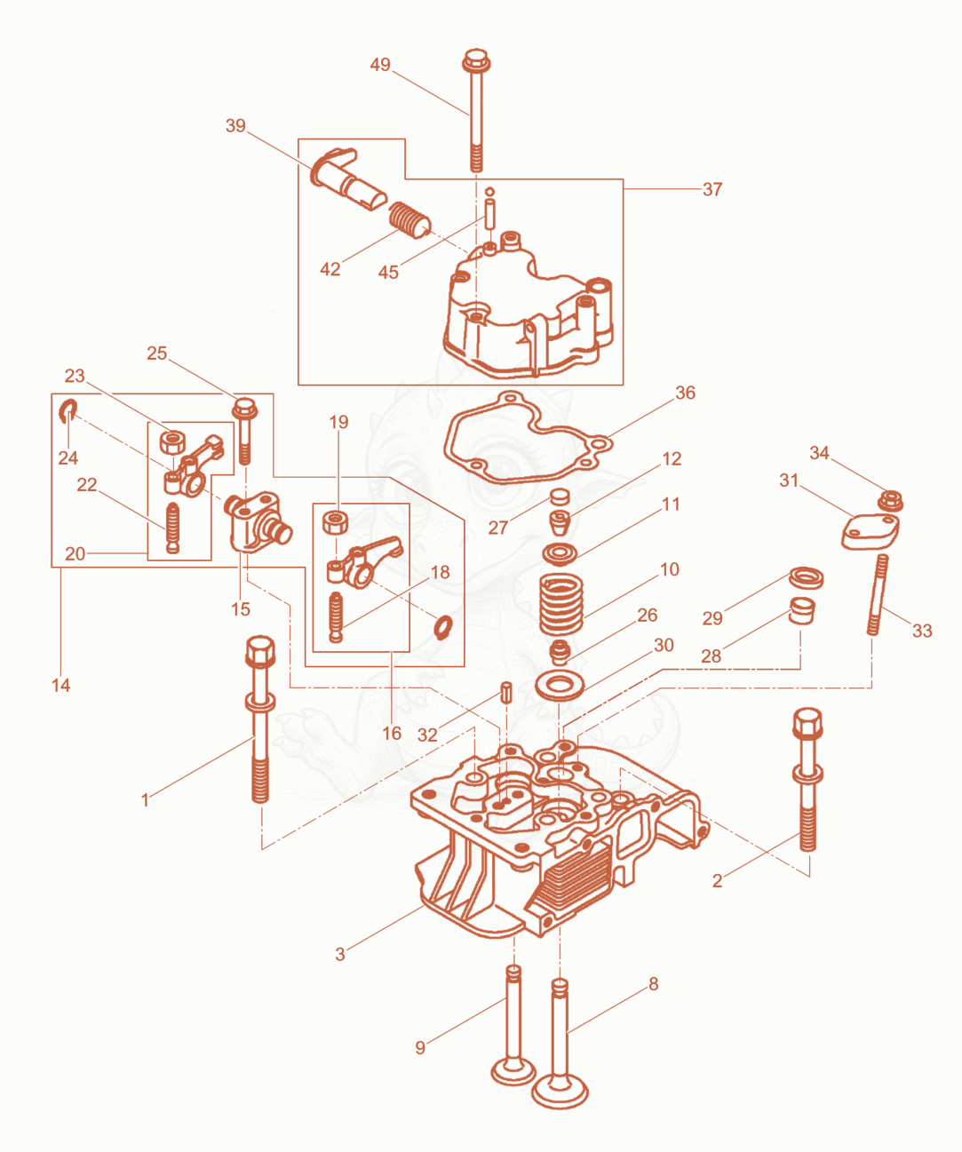 Exploded parts diagram of the Cylinder head of a Wacker Neuson RD7YEHHRC, with numbered balloons