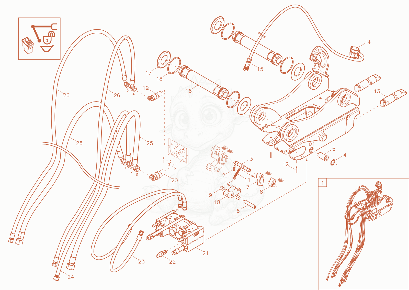 Exploded parts diagram of the quick hitch (option) of a Wacker Neuson EW100-2, with numbered balloons