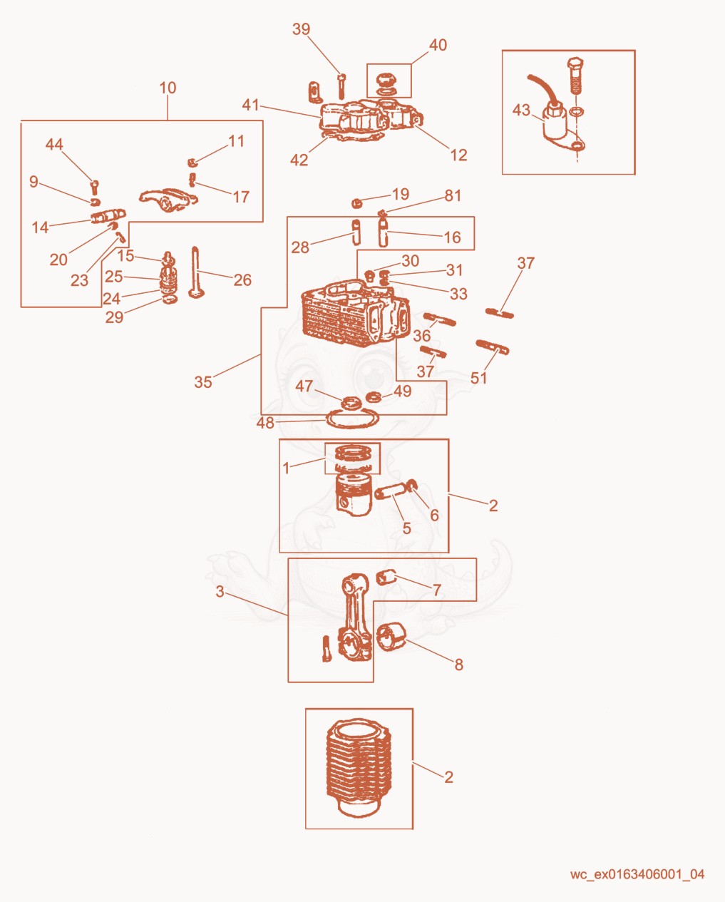 Exploded parts diagram of the Piston/Cylinder/Cylinder Head of a Wacker Neuson PT6LS, with numbered balloons