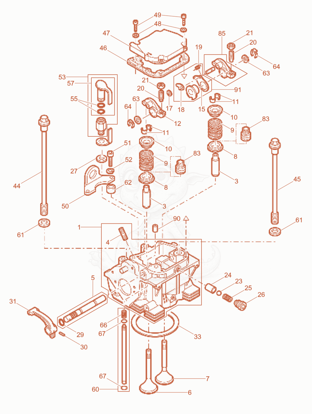 Exploded parts diagram of the Cylinder head of a Wacker Neuson RD7HEHFB, with numbered balloons