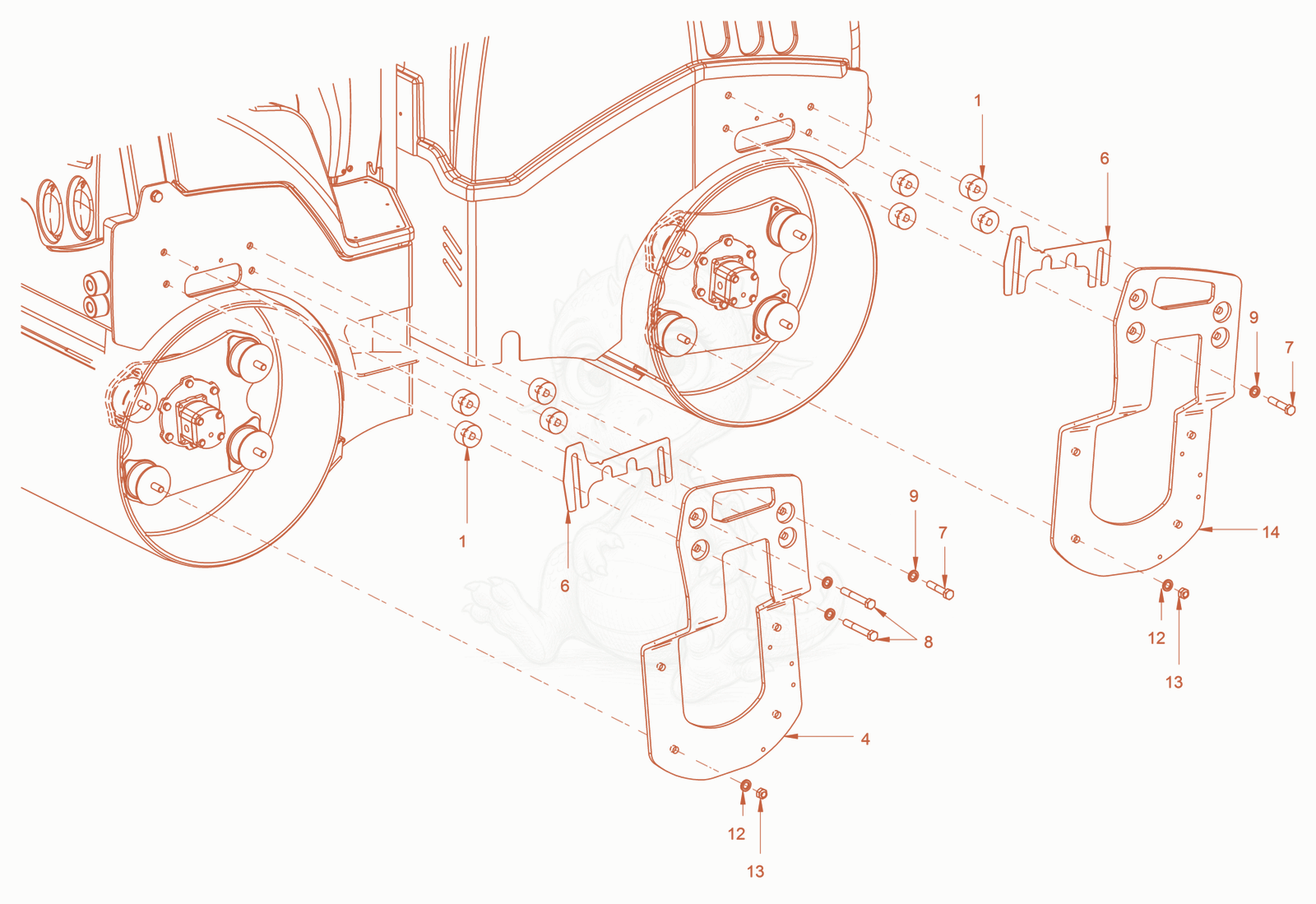 Exploded parts diagram of the suspension (roller drum) of a Wacker Neuson RD24-100OUS, with numbered balloons