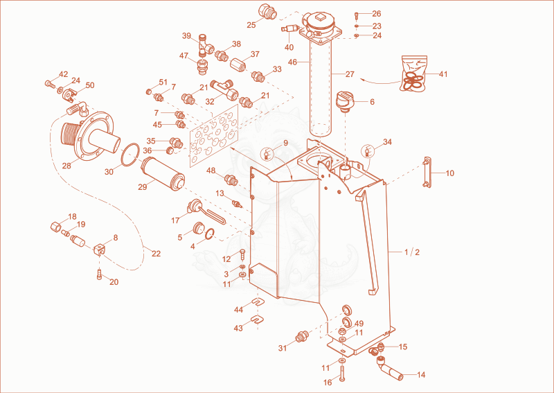 Exploded parts diagram of the hydraulic tank of a Wacker Neuson EW65, with numbered balloons
