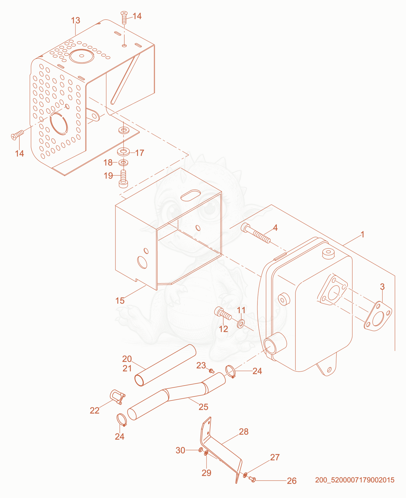 Exploded parts diagram of the Muffler cpl. of a Wacker Neuson E1100, with numbered balloons