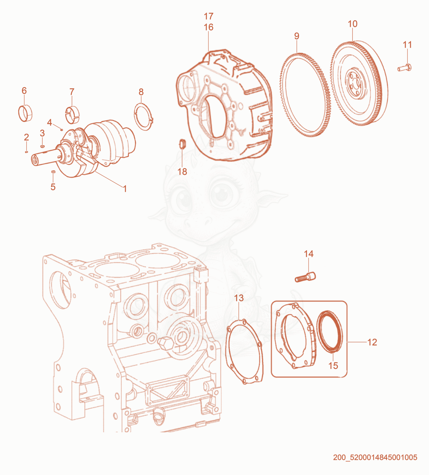 Exploded parts diagram of the Crankshaft/Flywheel of a Wacker Neuson PT6LT(I), with numbered balloons