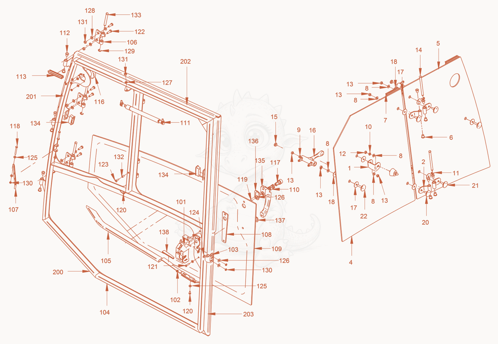 Exploded parts diagram of the driver's cabin of a Wacker Neuson RC70VOUS, with numbered balloons