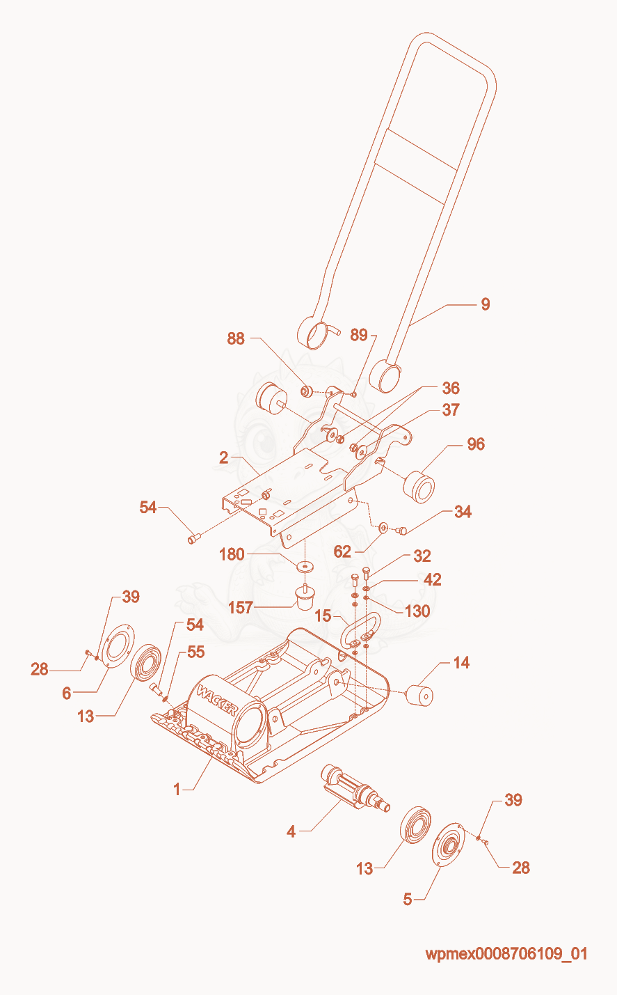 Despiece del Baseplate/Console cpl. de una máquina Wacker Neuson VP1340W-LL, con globos numerados