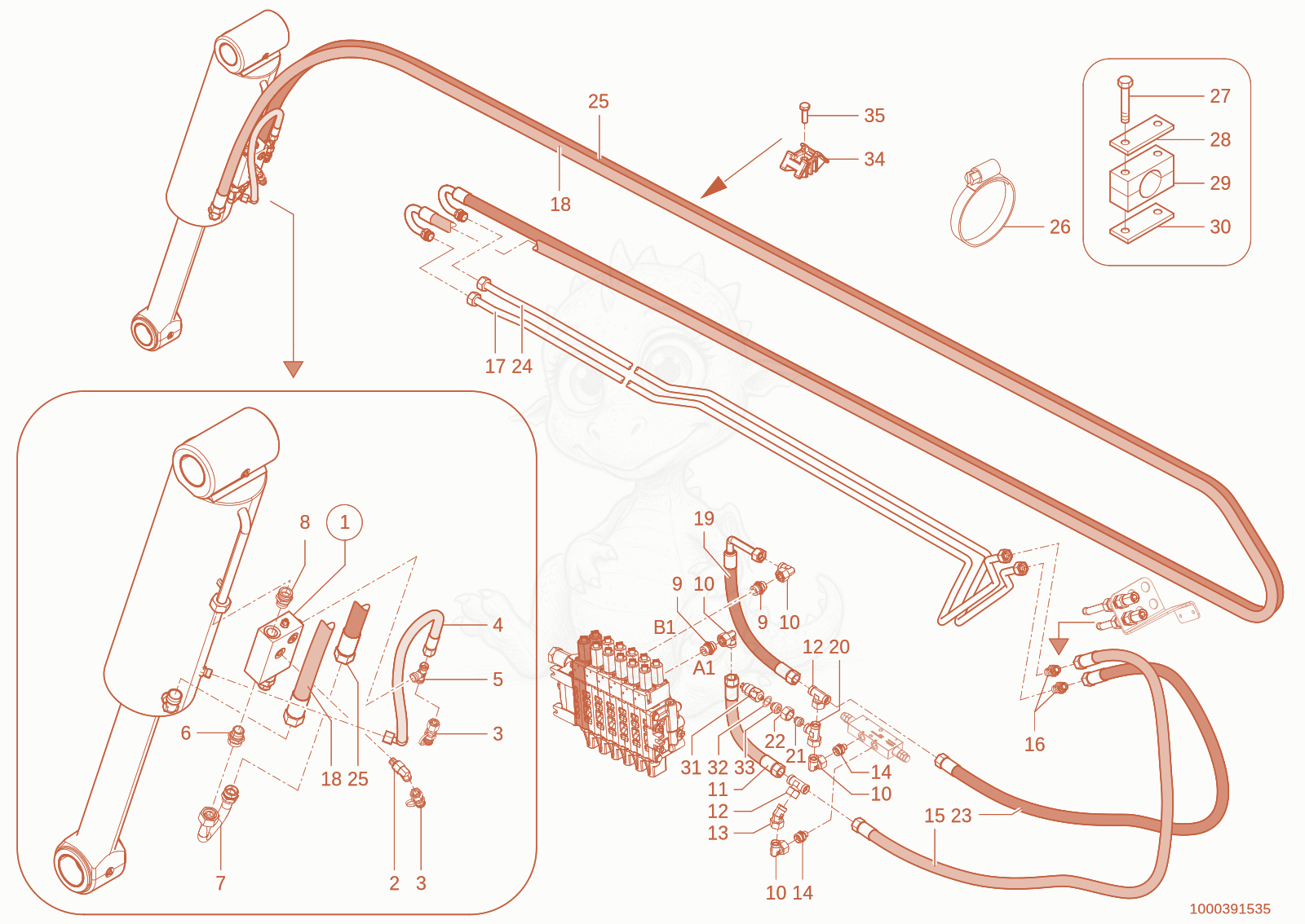 Exploded parts diagram of the Tilt cylinder circuit of a Wacker Neuson TH730(415-24), with numbered balloons