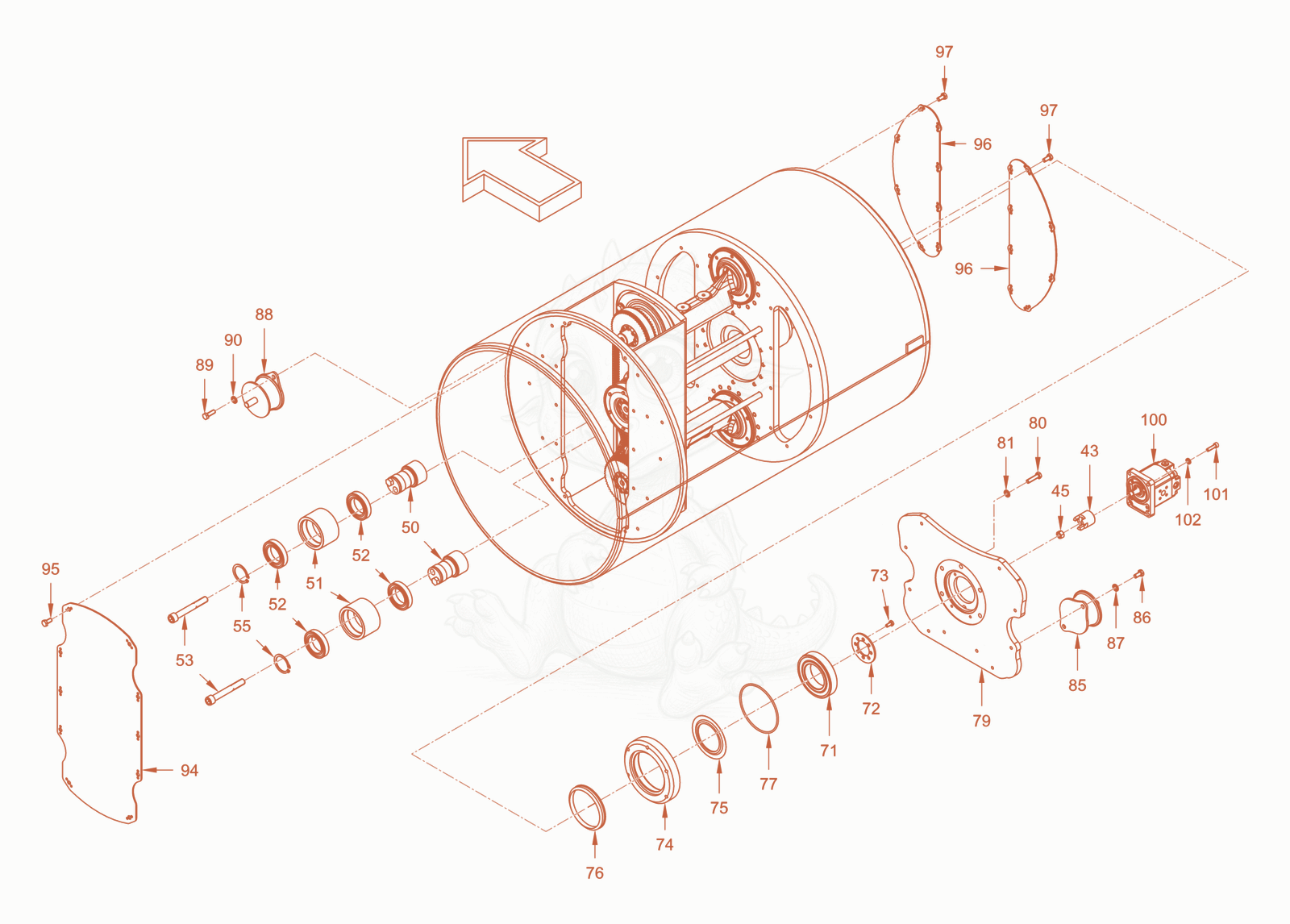 Exploded parts diagram of the roller drum with oscillator of a Wacker Neuson RD28-120O, with numbered balloons