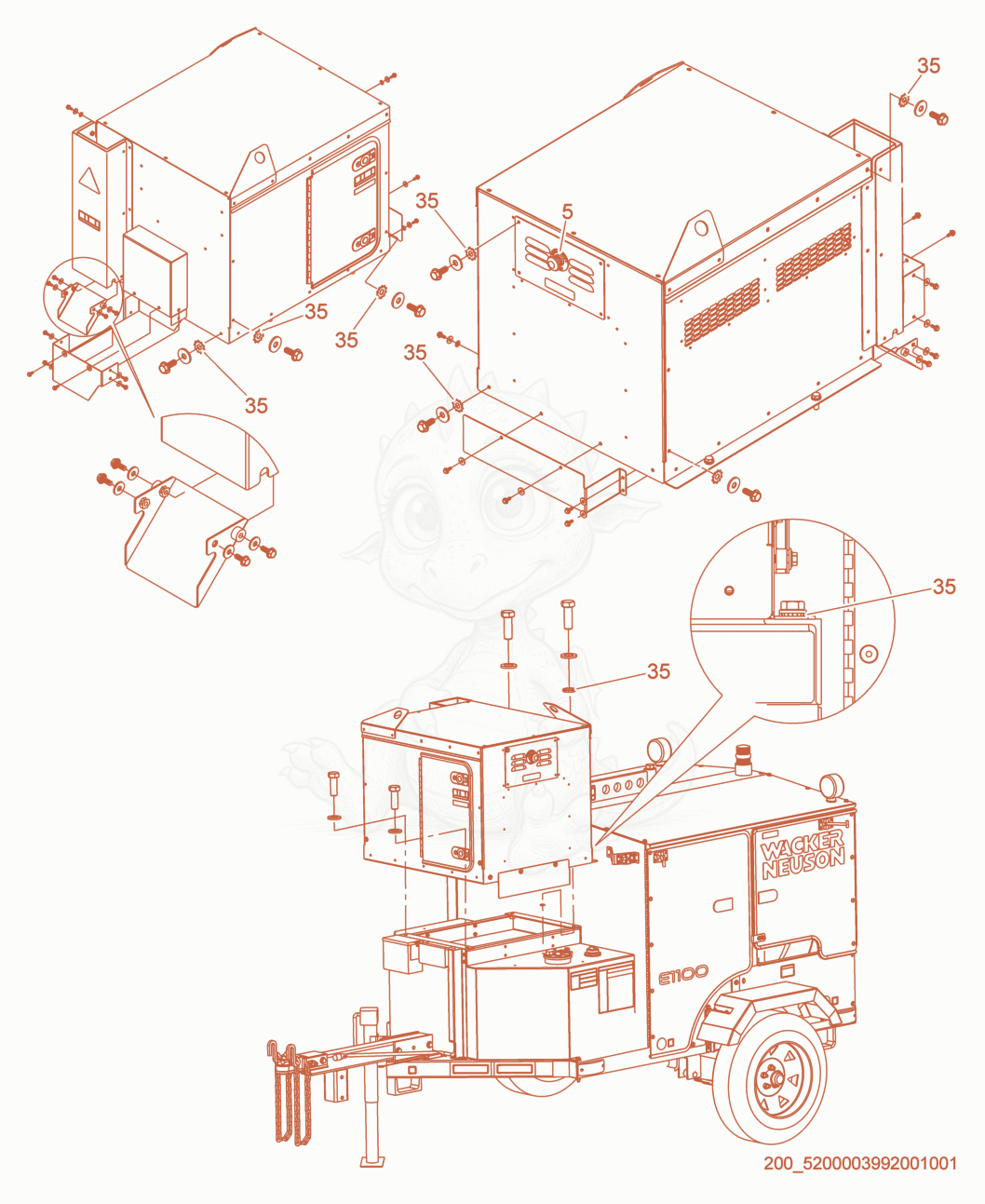 Exploded parts diagram of the Generator Mount cpl. of a Wacker Neuson E1100, with numbered balloons