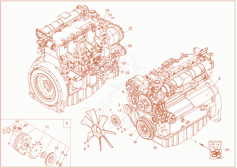 Exploded parts diagram of the diesel engine of a Wacker Neuson 5001, with numbered balloons