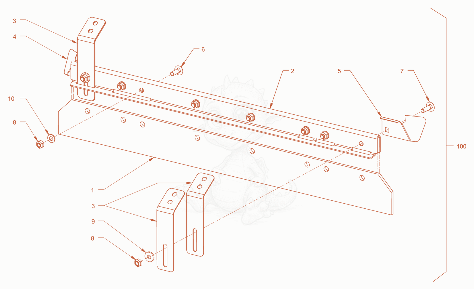Exploded parts diagram of the rigid scraper of a Wacker Neuson RD24-100C, with numbered balloons