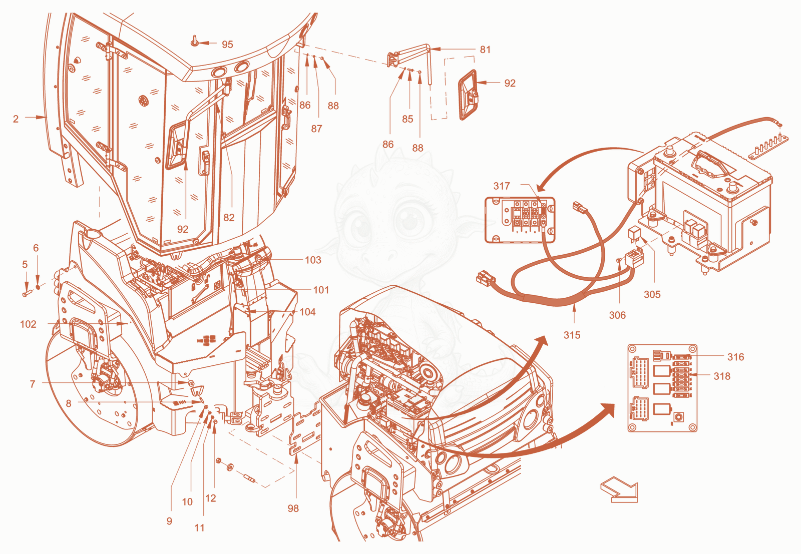 Exploded parts diagram of the driver's cabin of a Wacker Neuson RD45-140OUS, with numbered balloons