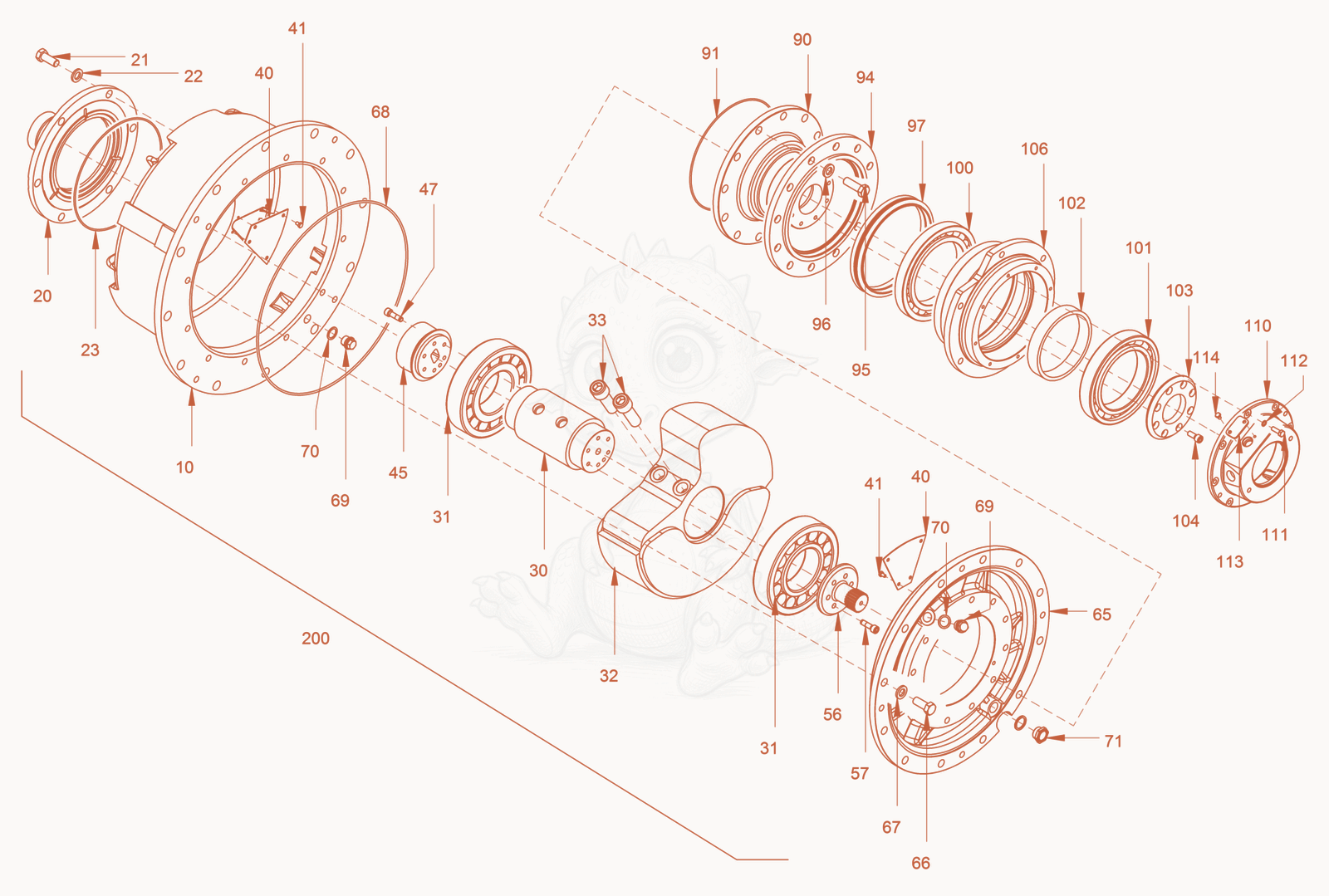 Exploded parts diagram of the roller drum of a Wacker Neuson RC110P, with numbered balloons