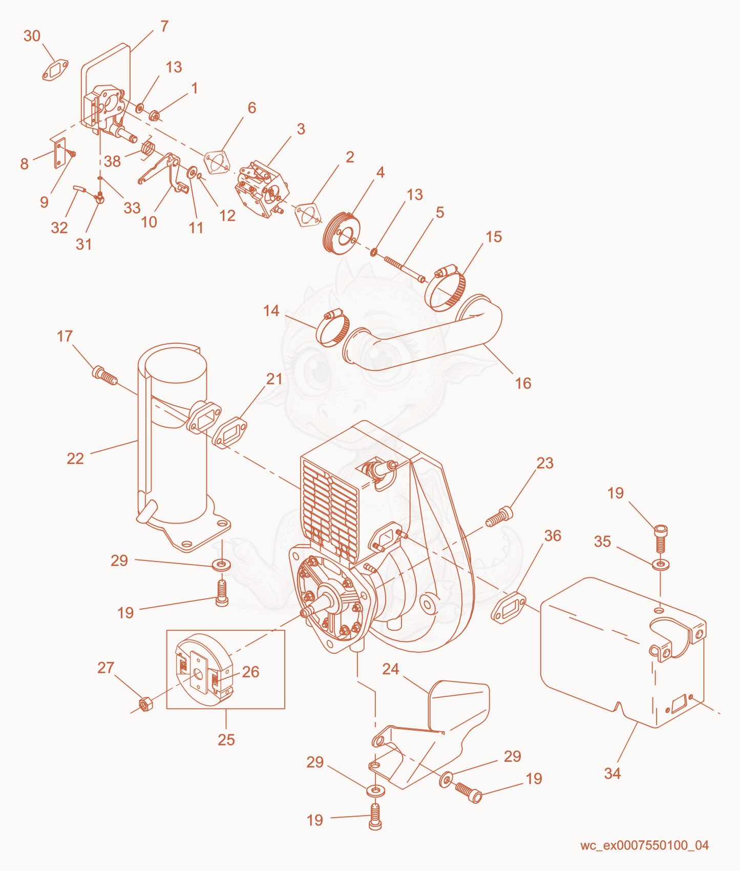 Exploded parts diagram of the Engine cpl. of a Wacker Neuson BS500, with numbered balloons