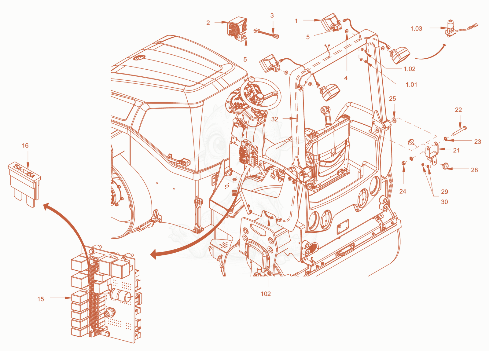 Exploded parts diagram of the additional lighting of a Wacker Neuson RD28-120DPF, with numbered balloons