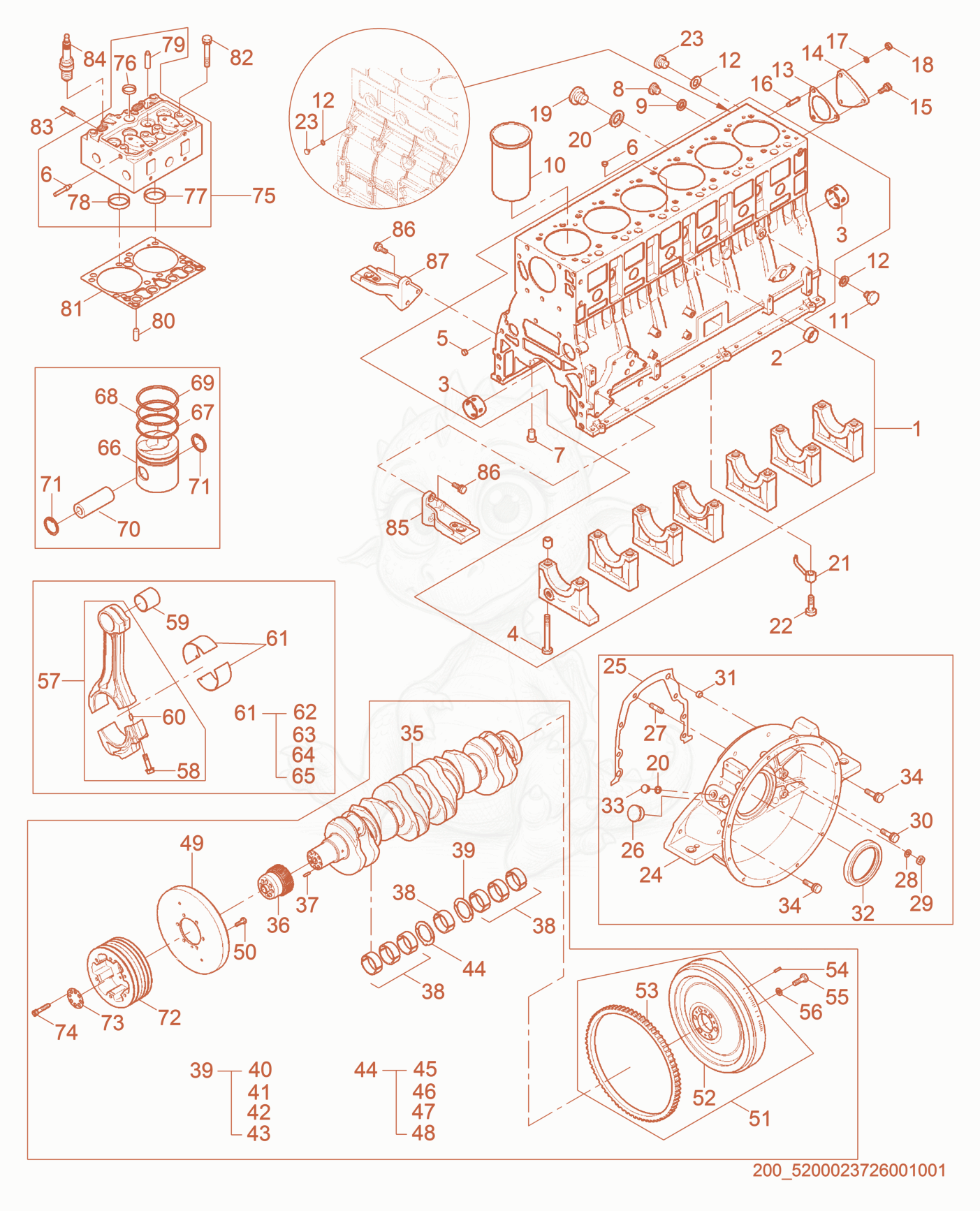 Exploded parts diagram of the Cylinder block cpl. of a Wacker Neuson GN165, with numbered balloons