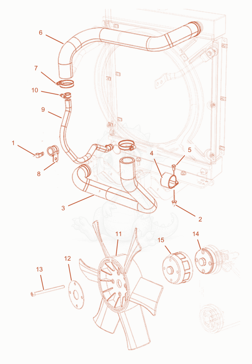 Exploded parts diagram of the COOLANT HOSES AND COOLING FAN of a Wacker Neuson PT6LT, with numbered balloons