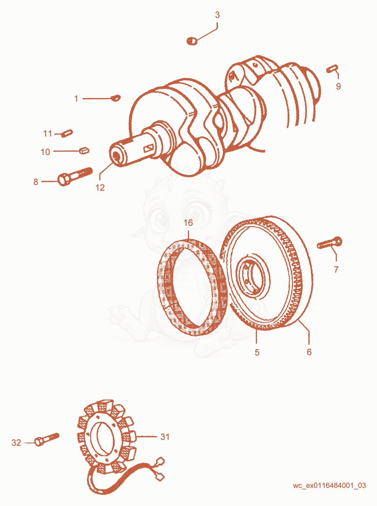 Exploded parts diagram of the Crankshaft of a Wacker Neuson RT56-SC2, with numbered balloons