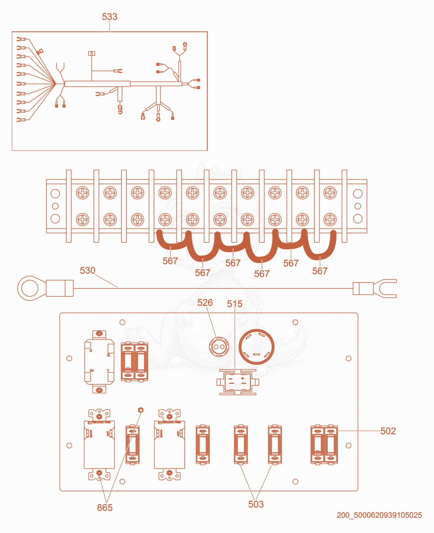 Exploded parts diagram of the Wiring Harness/Control Panel of a Wacker Neuson LTN8K, with numbered balloons